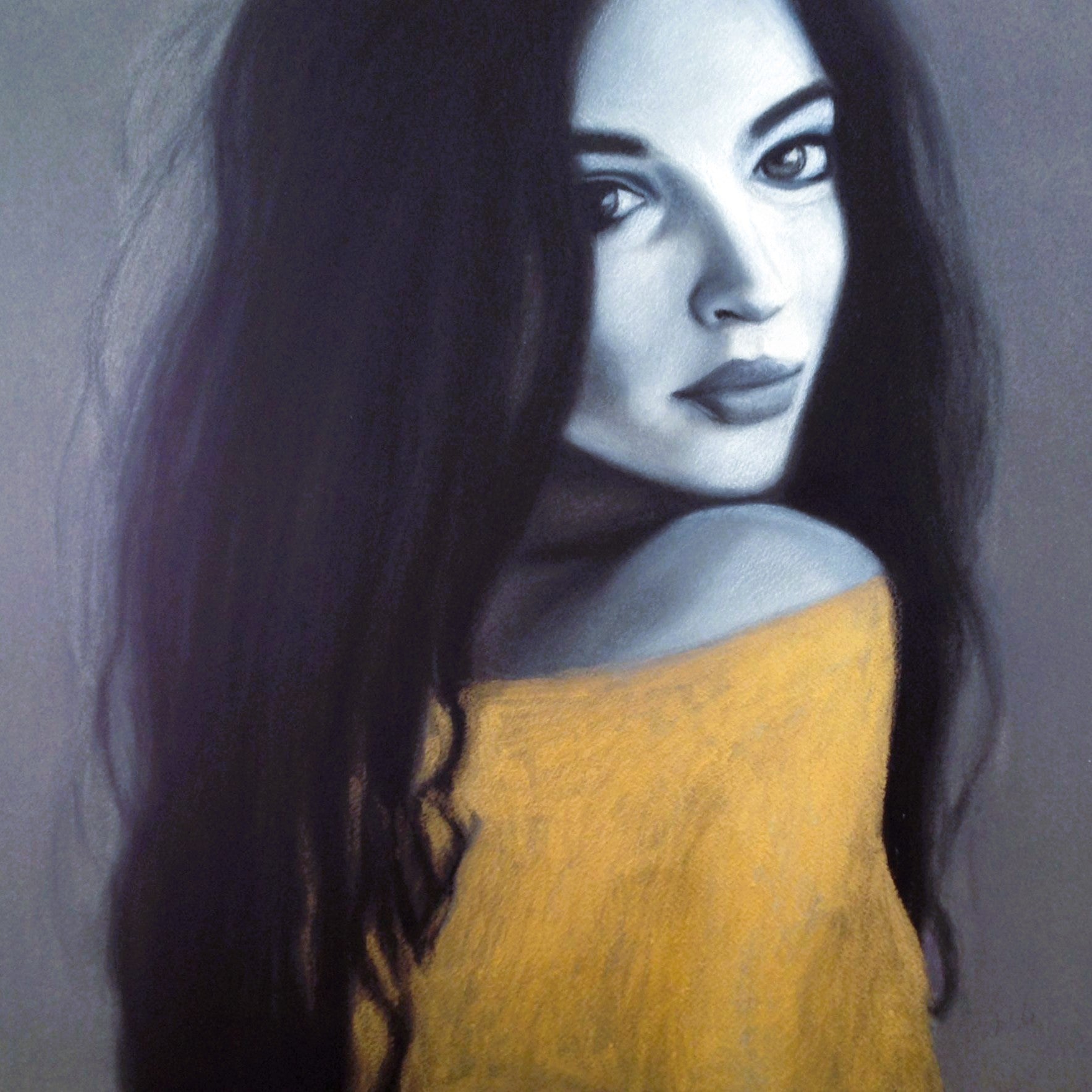 Portrait painting of a woman with warm skin tones wearing an orange strapless top and a patterned headscarf against a red background