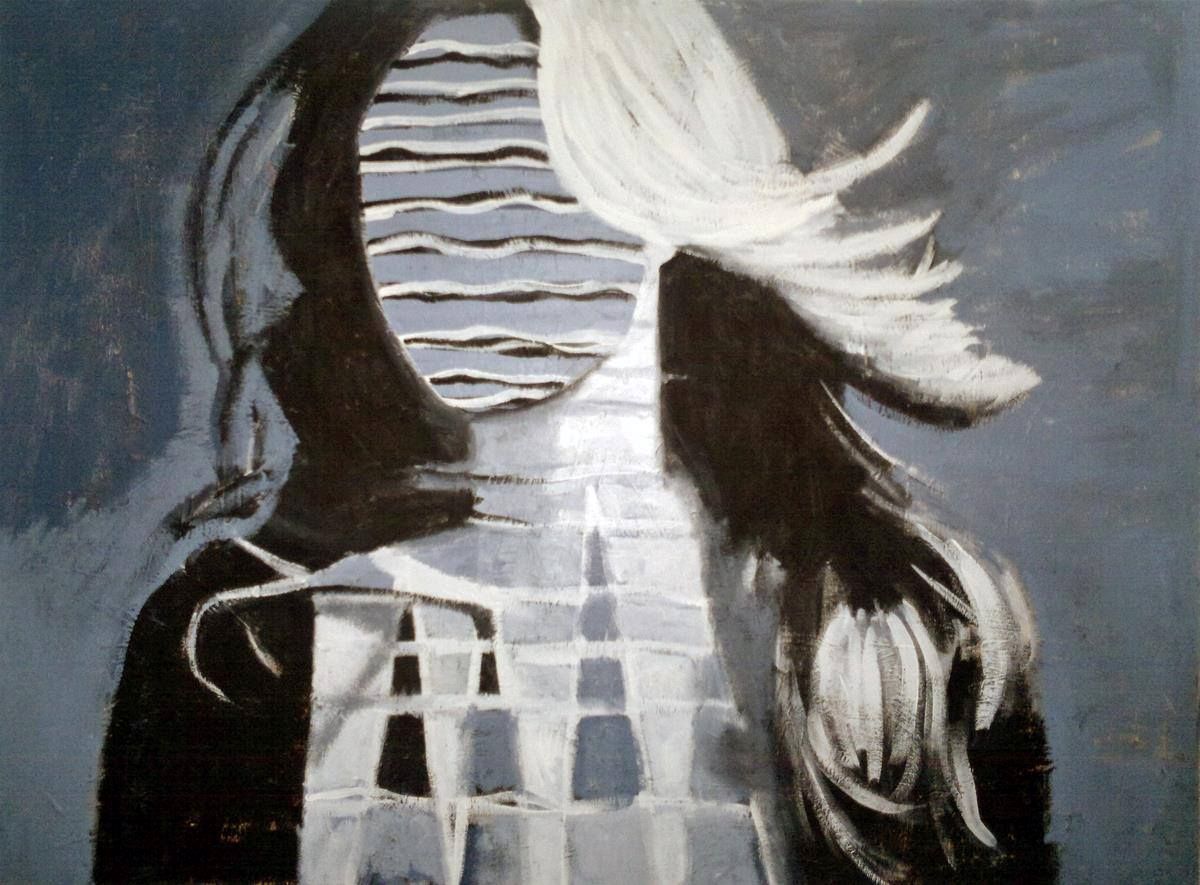 Abstract painting of a figure with a striped circular face and flowing hair in monochrome tones