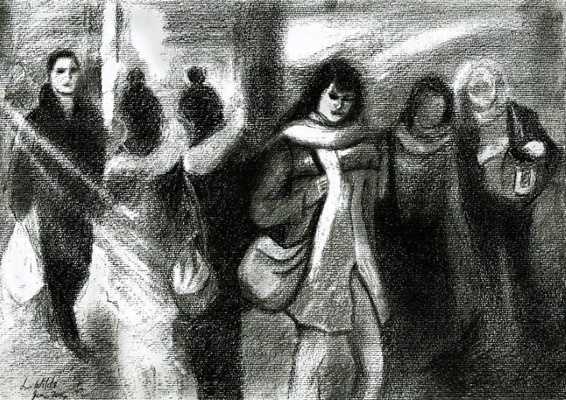 grainy black and white charcoal-style artwork depicting five people walking in a city setting