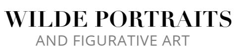 Black and white logo featuring the text "WILDE PORTRAITS AND FIGURATIVE ART" in bold and light fonts on a white background